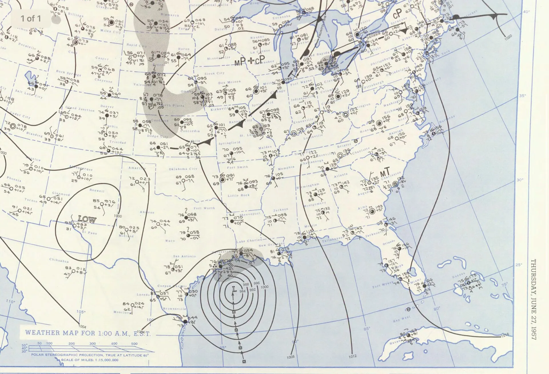 Weather Map of Hurricane Audrey on June 27, 1957, just shortly before landfall in the southwestern Louisiana Coast. Weather Planning for a Corporate Event Planning Business