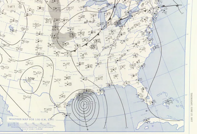 Weather Map of Hurricane Audrey on June 27, 1957, just shortly before landfall in the southwestern Louisiana Coast. Weather Planning for a Corporate Event Planning Business