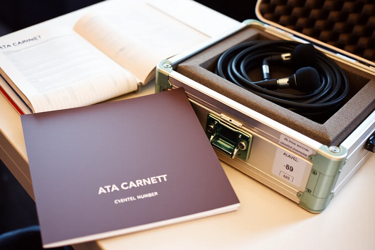 ATA carnet booklet next to a labeled case of event equipment (How to budget US-Canada cross-border conferences for taxes and customs)
