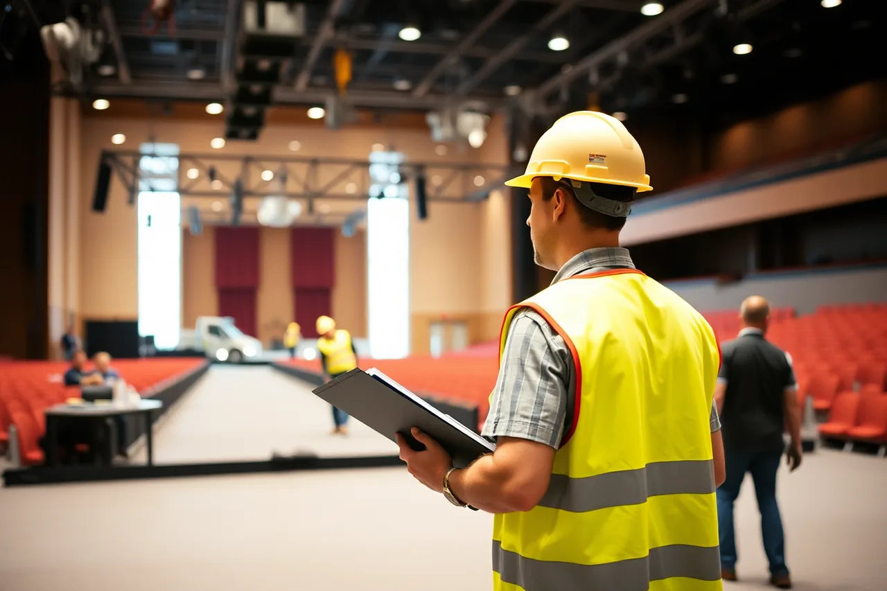 Safety lead in hard hat inspecting conference hall during load-in (OSHA and ADA compliance costs every US conference organizer must budget)
