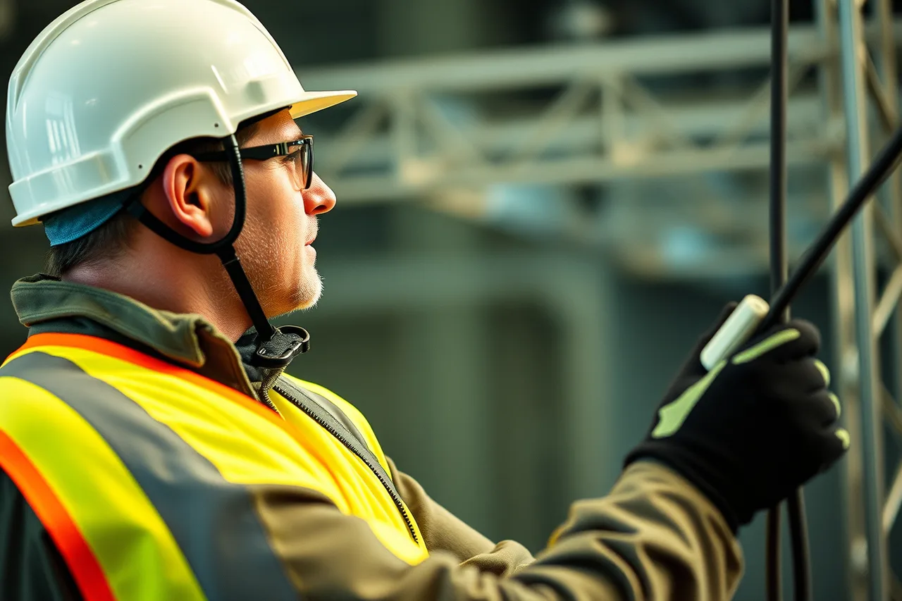 Event crew member wearing hard hat, vest, glasses and gloves (OSHA and ADA compliance costs every US conference organizer must budget)