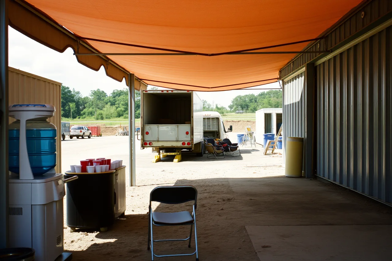 Water coolers and shaded break area at outdoor event build (OSHA and ADA compliance costs every US conference organizer must budget)