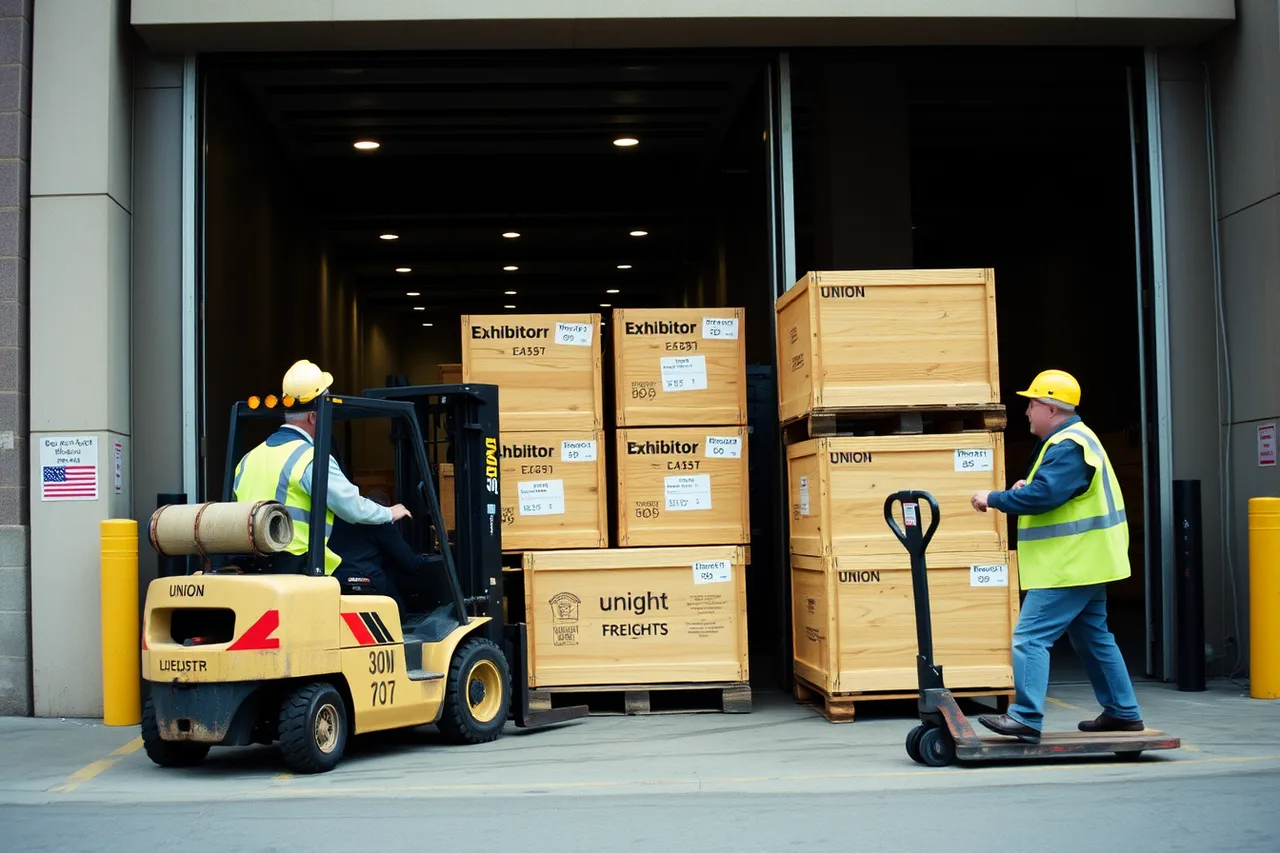 Union crew moving exhibitor crates at a convention center loading dock (Las Vegas conference budgets compared with Orlando for corporate organizers)