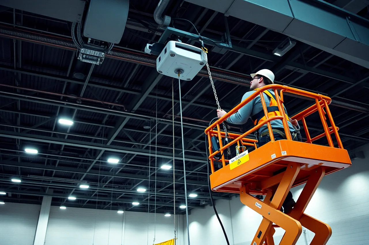 Union rigger on a lift attaching a hoist to a ceiling truss (3 New York market pressures that raise conference organizer budgets)